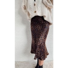 Leopar Desenli Saten Midi Etek