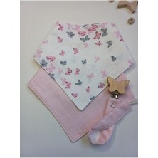 Müslin Bebek Mama Önlüğü Ahşap Klipsli Emzik Askısı 3'lü Set (Çift Katlı Çift Çıtçıtlı )