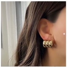 Kadın Premium 3 Sıra Çelik Gold Bombeli Küpe
