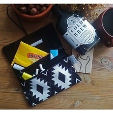 Kirpiwork Siyah Kanvas Bohem Tütün Çantası Geometrik Desenli Yüksek Kaliteli Tekstil Malzeme