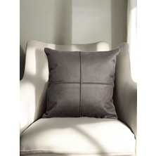 Plaid Antrasit Gri Suni Nubuk Deri Kapalı Çizgi Desenli Kare Dekoratif Kırlent Kılıfı 45X45