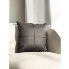 Plaid Antrasit Gri Suni Nubuk Deri Kapalı Çizgi Desenli Kare Dekoratif Kırlent Kılıfı 45X45