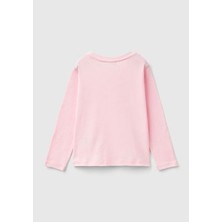 Kız Çocuk Açık Pembe Önü Su Bazlı Logo Baskılı Normal Kesim Uzun Kollu T-Shirt