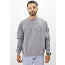 Eskitme Desenli Unisex Sıfır Yaka Sweatshirt
