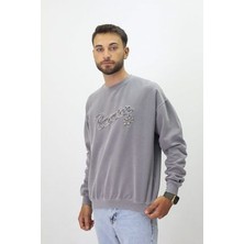 Eskitme Desenli Unisex Sıfır Yaka Sweatshirt