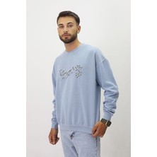 Eskitme Desenli Unisex Sıfır Yaka Sweatshirt
