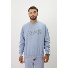 Eskitme Desenli Unisex Sıfır Yaka Sweatshirt