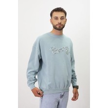 Eskitme Desenli Unisex Sıfır Yaka Sweatshirt