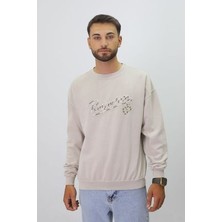 Eskitme Desenli Unisex Sıfır Yaka Sweatshirt