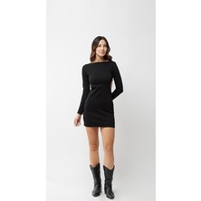 240827S-UZUN Kollu,belı Pencereli ,mini Elbise