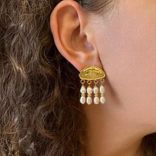 Jewstone Accessories Altın Kaplama Bulut Model Uzun Inci Küpe