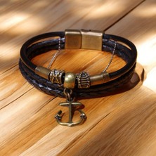 Etniko Antik Sarı Metal  Çapa Sembollü Siyah Deri Erkek Bileklik - Metal Mıknatıs Kapamalı, 3 Beden Seçeneği