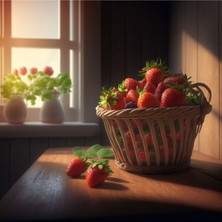 Tosbart Sepet Içerisinde Çilek Dolu Mutfak Kafeterya Kafeye Asmalik Kanvas Tablo