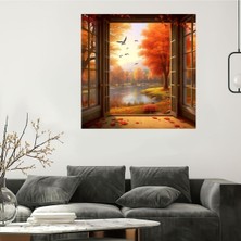 Tosbart Pencere Göl Kuş Doğa Manzara Ağaç Dekoratif Duvar Kanvas Tablo Tablosu