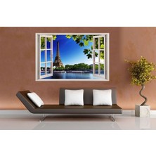 Tosbart Modern Dekoratif Açılır Pencere Görünümlü Eyfel Kulesi Göl Ağaç Manzaralı Kanvas Tablo Tablosu