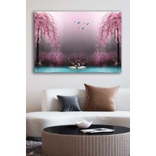 Tosbart Kanvas Tablo Baskılı Dekoratif Kuğulu Göl Pembe Çiçekli Ağaçlar Ev Ofis Otel Dekor Tablo