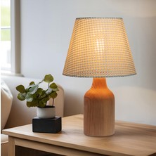 EFLIGHTDESIGN Beyaz Ahşap Abajur Hasır Desenli Modern Şık Yatak Odası Salon Masa Lambası