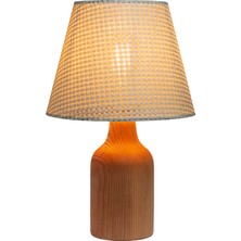 EFLIGHTDESIGN Beyaz Ahşap Abajur Hasır Desenli Modern Şık Yatak Odası Salon Masa Lambası