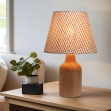EFLIGHTDESIGN Kiremit Ahşap Abajur Hasır Desenli Modern Şık Yatak Odası Salon Masa Lambası