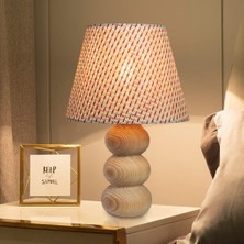 EFLIGHTDESIGN Kiremit Ahşap Abajur Hasır Desenli Modern Şık Yatak Odası Salon Masa Lambası