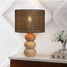 EFLIGHTDESIGN Kahve Ahşap Abajur Hasır Desenli Modern Şık Yatak Odası Salon Masa Lambası