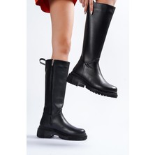 Cudo Siyah Alçak Topuklu Dişli Tabanlı Cilt Çizme