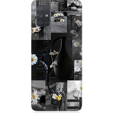 Teknomeg Samsung Galaxy A51 Uyumlu Siyah Beyaz Çiçekler  Desenli Silikon Kılıf