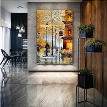 Tosbart Sokak Lambaları Altında Yürüyen Insanlar Doğa Manzara Yağlı Boya Efektli Şehir Street Kanvas Tablo