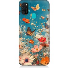 Teknomeg Samsung Galaxy M21 Uyumlu Çiçekli Kelebekler  Desenli Silikon Kılıf