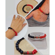 Yaşam Tohumu Ahşap Kırmızı Renkli & Oniks Taşı 8mm  Tasarım Bileklik Hawaii Model (11118)