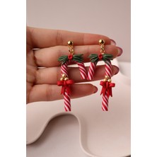 Gizy Store Polimer Kil Candy Küpe Yeni Yıl Şeker Tasarım Hediye Kadın Kırmızı  Beyaz Fiyonk Detaylı Küpe  Altın  Kaplama Aparatlı