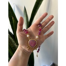 Lune Dor Accessories Pembe Doğal Taş Özel Tasarım El Emeği Modern Kolye