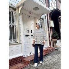 Aselim Hijap Moda Çizgili Sweat Balon Kol Ikili Takım Lacivert