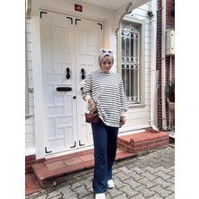 Aselim Hijap Moda Çizgili Sweat Balon Kol Ikili Takım Lacivert