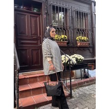 Aselim Hijap Moda Çizgili Sweat Balon Kol Ikili Takım Siyah