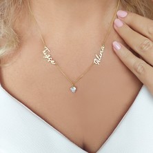 Vaoov 925 Ayar Gümüş Iki Isimli ve Kalp Taşlı Kolye