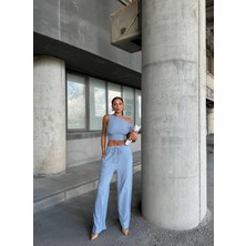 Büzgülü Mavi Kayık Yaka Bluz Pantolon Takım