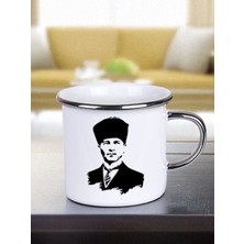 Atatürk Silüetli Gümüş Şeritli Beyaz Kupa
