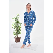 Arvin Pijama Pamuklu Düğmeli Gömlek Yakalı Mavi Desenli Pijama Takımı