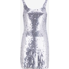 Fabrika U Yaka Payetli Gümüş Mini Kadın Elbise F4WL-ELB0430