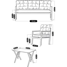 UFUK HOME Miray 311 Masalı Gri Fermuarlı Bahçe Balkon Takımı, Salon, Teras- Berjer Düğmeli Metal Çay Seti
