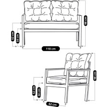 UFUK HOME Miray 211 Antrasit Fermuarlı Bahçe Balkon Takımı, Salon,Teras- Berjer Düğmeli Metal Çay Seti
