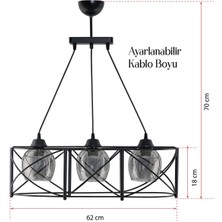 Dede Üçlü Curva Sıralı Metal Avize Füme Rengi Camlı