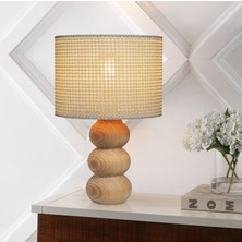 EFLIGHTDESIGN Beyaz Ahşap Abajur Hasır Desenli Modern Şık Yatak Odası Salon Masa Lambası