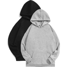 Afro Giyim  Siyah ve Gri 2'li Düz Oversize Kapşonlu Hoodie