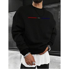 Afro Giyim  Şeritli Paris Baskılı Oversize Bisiklet Yaka Sweatshirt