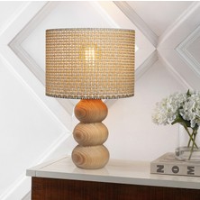 Krem Ahşap Abajur Hasır Desenli Modern Şık Yatak Odası Salon Masa Lambası