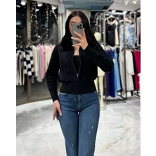 Miss Swans Nixie Yakası Kürklü Zikzak Desenli Fermuarlı Hırka-Siyah
