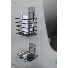 Atacı Home Paslanmaz Yapışkanlı Siyah Metal Banyo Düzenleyici 4'lü Set Kancalı Duş ve Sabunluk Rafı