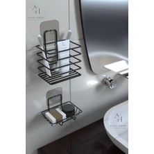 Atacı Home Paslanmaz Yapışkanlı Siyah Metal Banyo Düzenleyici 4'lü Set Kancalı Duş ve Sabunluk Rafı